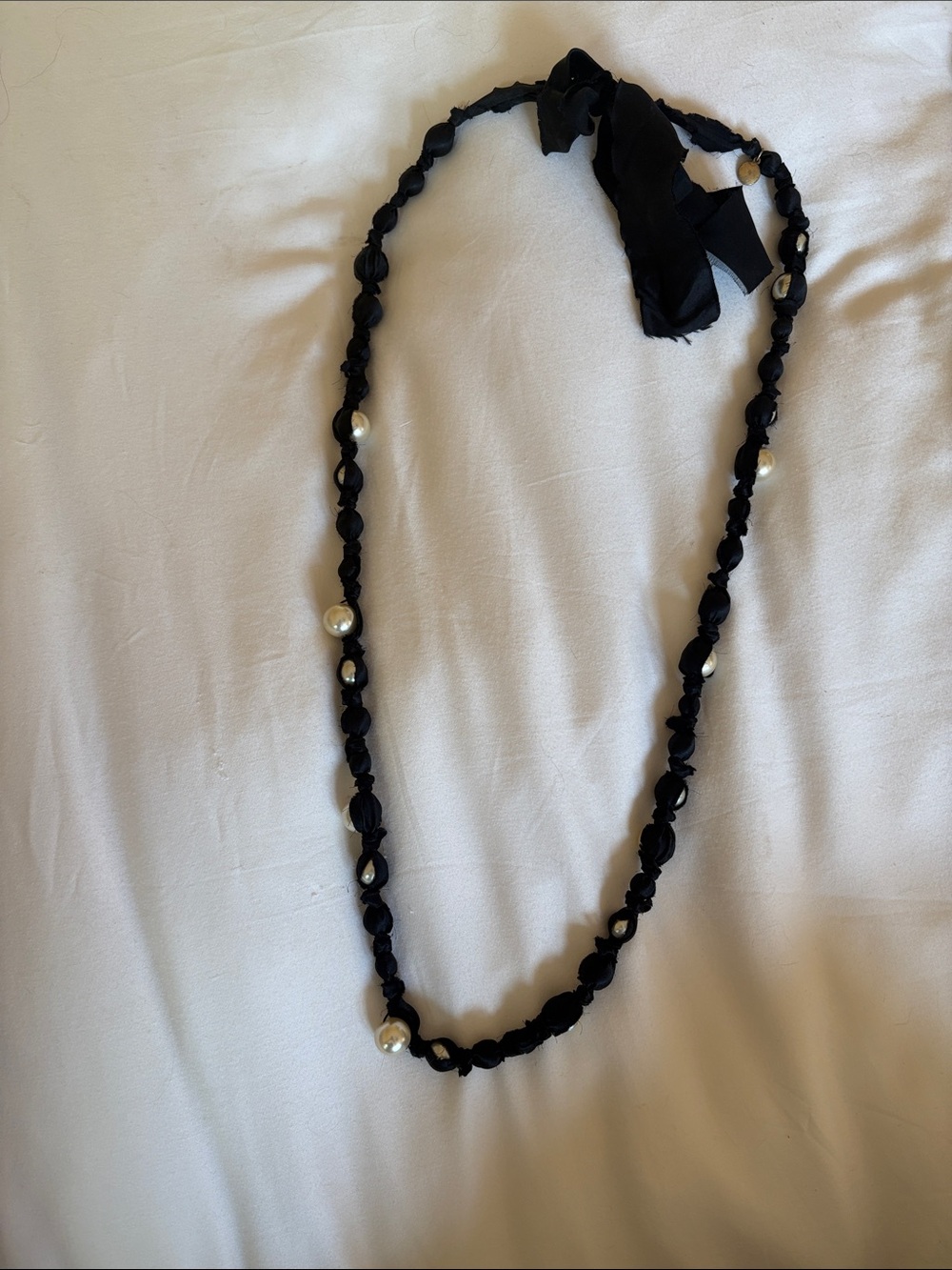 J. Crew Black Ribbon Necklace with Pearl Accents